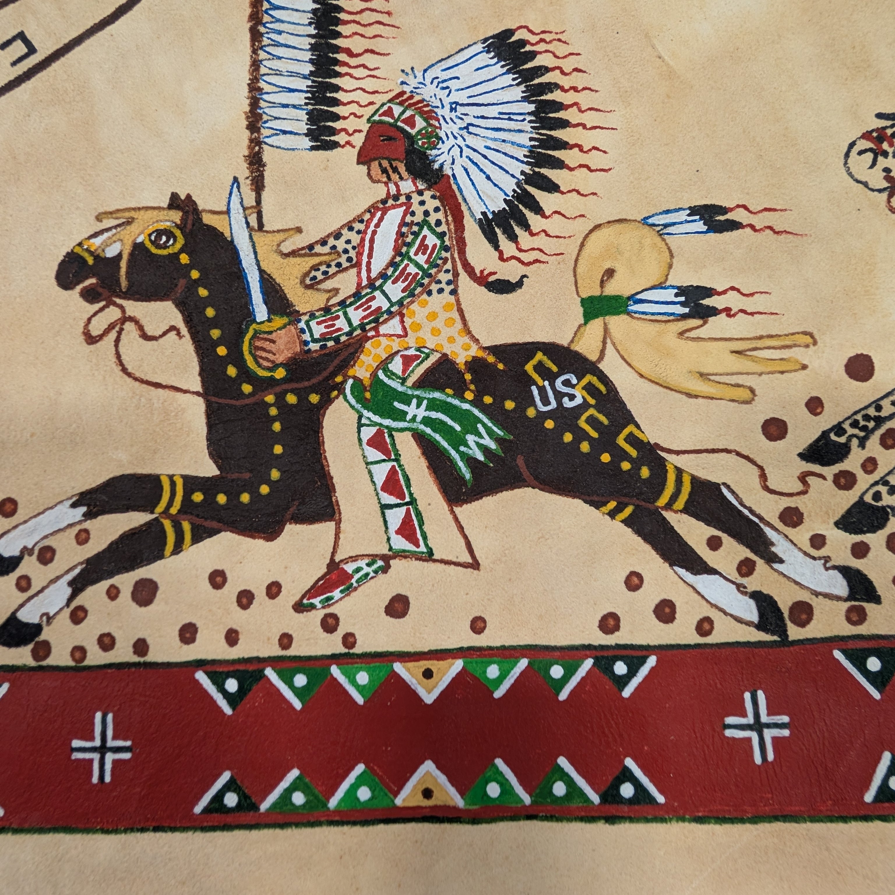 Native American traditional painting on deer hide with fur/hair