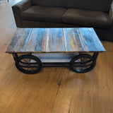 Industrial Reclaimed Wood Coffee Table w/Rubber Wheels and Shelf Below