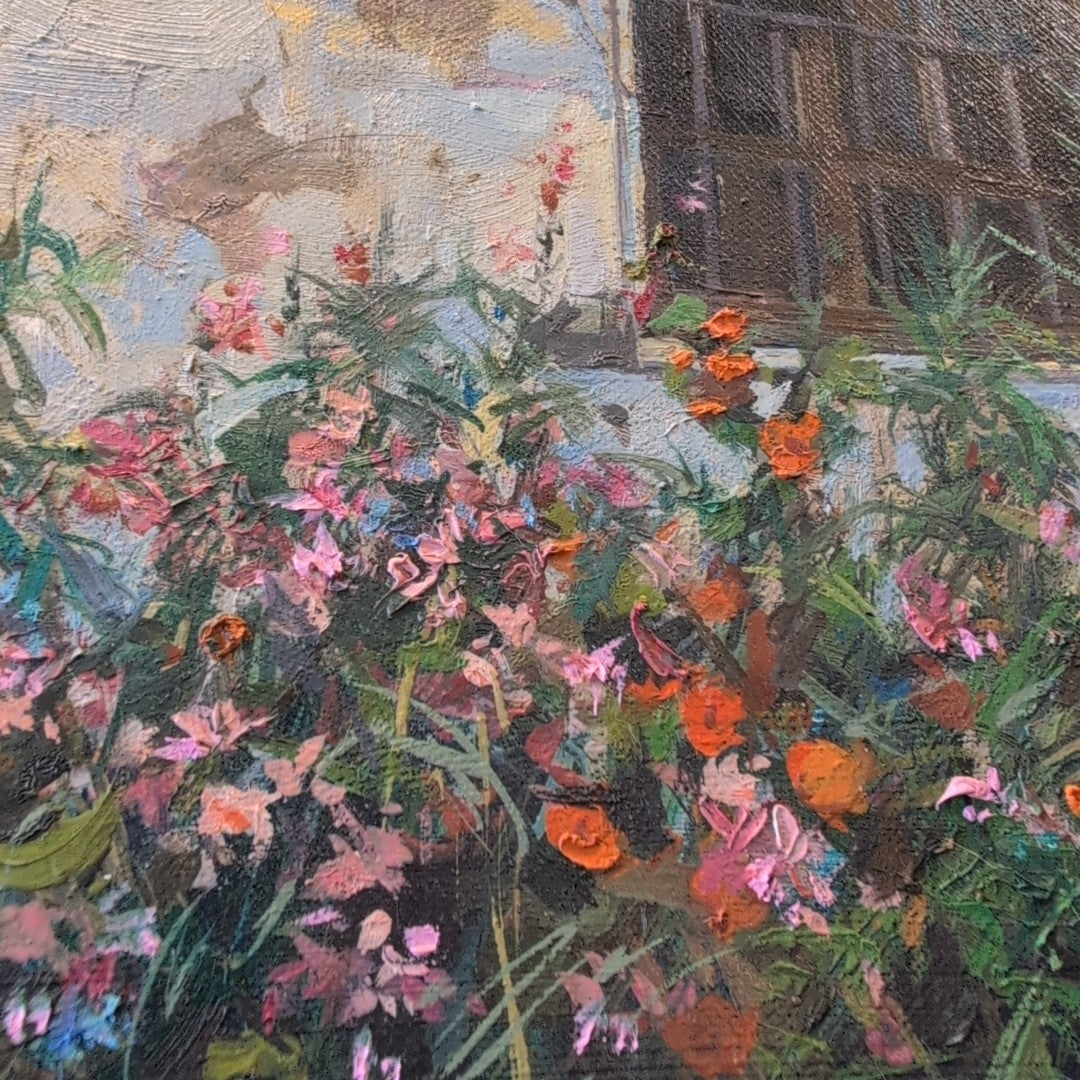 TIMUR KARIM (POLISH/RUSSIAN) "CARMEL MISSION" LOVELY FLOWERS BY WINDOW ORIGINAL