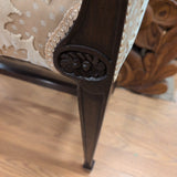 BENCH ANTIQUE CARVED,ROLLED SCROLL ARMS, LEAF VELVET FABRIC
