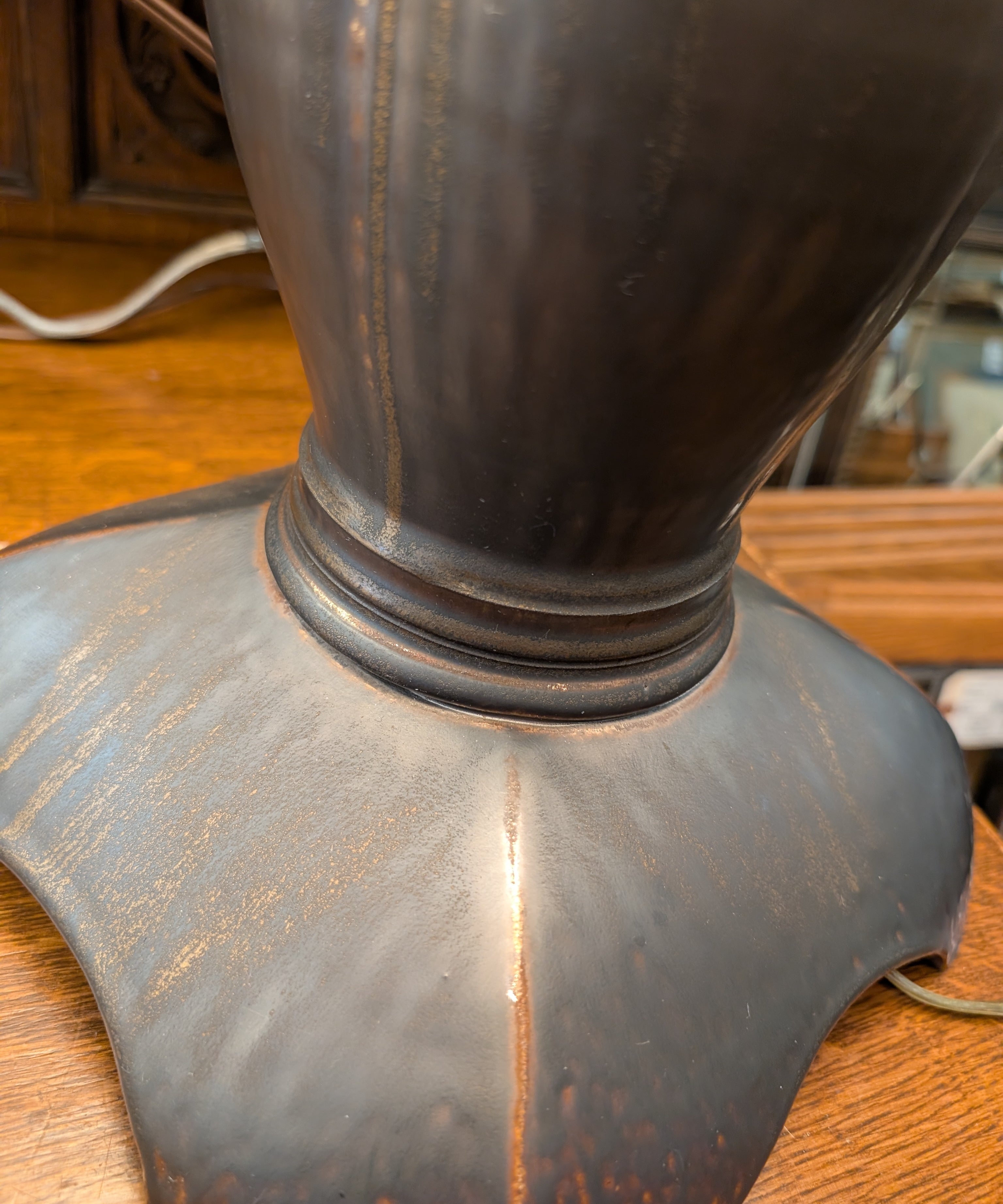 BRONZE GLAZE CERAMIC URN BASE W RECTANGULAR FABRIC LAMPSHADE