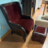 Rene Cazares Wingback Chair w/Ottoman ~ Carved Wood & Red Fabric