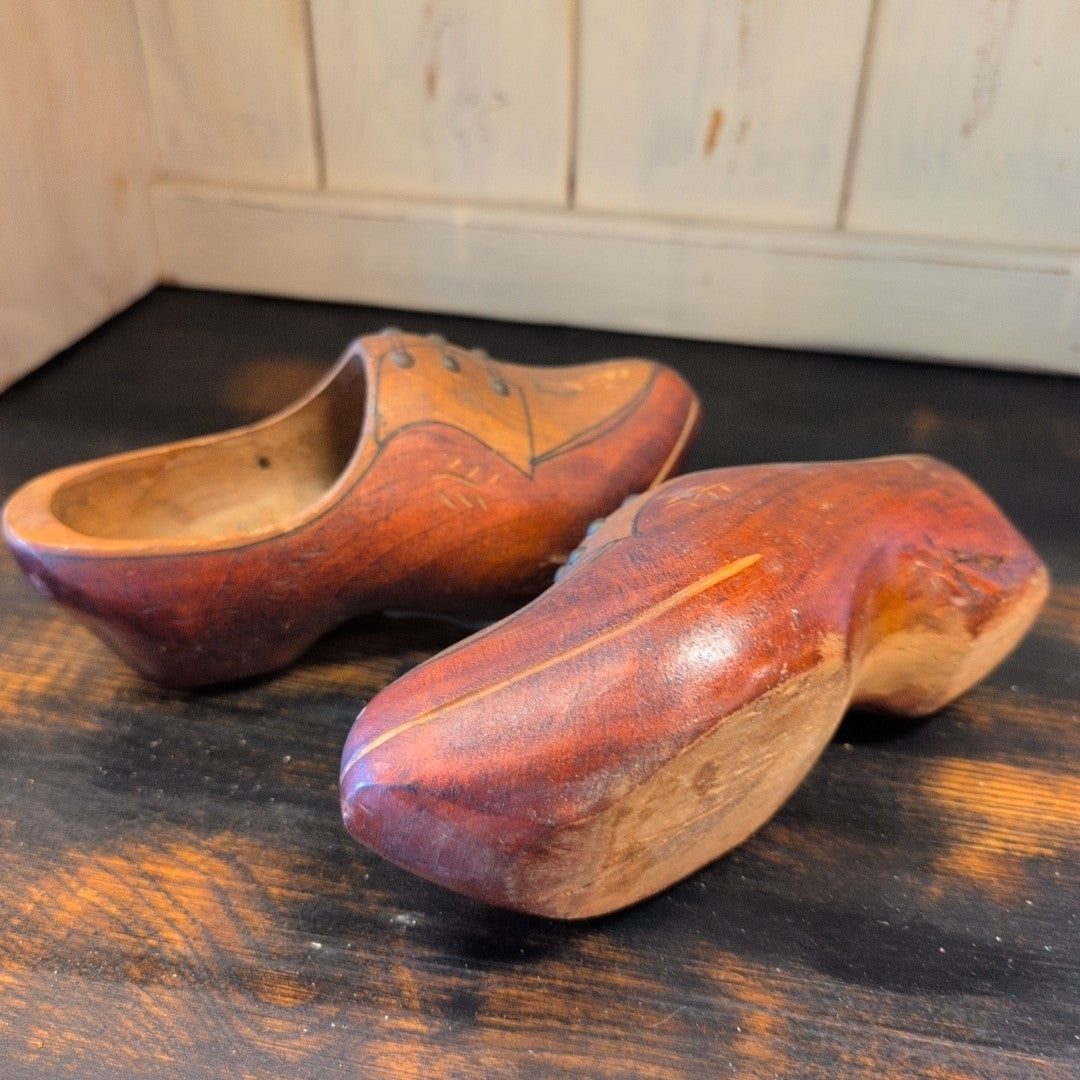 Folk Art Dutch Wood Shoes with "fake" tie up laces. Antique