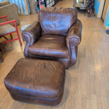 Bradington & Young Brown Leather Rolled Arm Chair w/Ottoman ~ AS IS