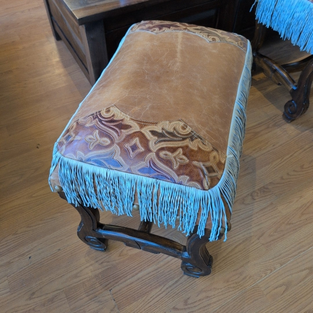 Lorec Ranch Tooled Leather Ottoman w/Fringe