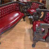 RJ Horner victorian Parlor set, 3 pc, winged Griffin, red leather. carved.