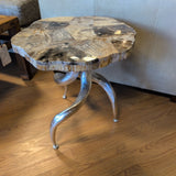 Artistica Valence Spot Petrified Wood Side Table w/Silver Antler Tripod Legs