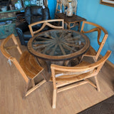 Wagon Wheel Glass Insert Dining Table w/Curved 4 Bench Chairs