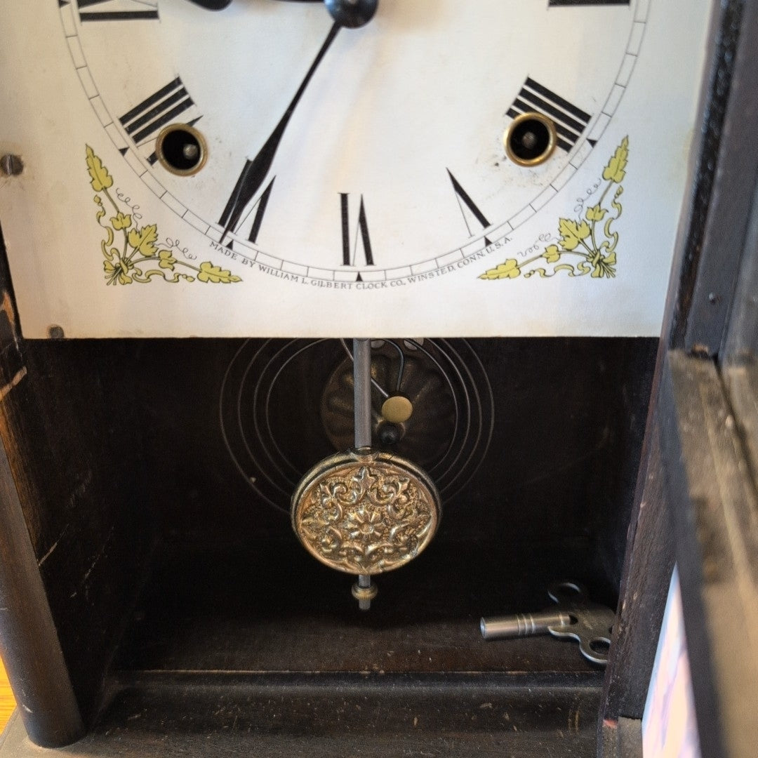 Vintage STEEPLE MANTEL CLOCK WILLIAM L. GILBERT REVERSE DECAL GLASS