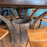 Wagon Wheel Glass Insert Dining Table w/Curved 4 Bench Chairs