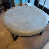 Round Gray Leather Ottoman w/Metal Base