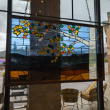 ARTWORK / STAINED GLASS. MOUNTAINS, ASPEN TREES AND AUTUMN LEAVES, HANDMADE. (1