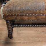 Tooled Leather Turned Leg Studded Bench